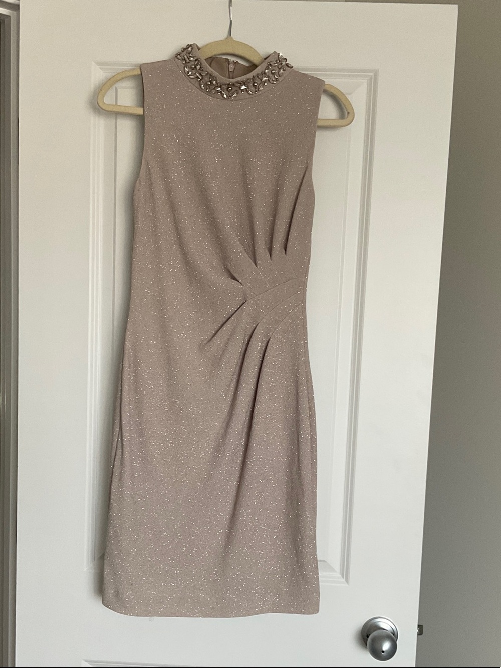 Vince Camuto Sparkle High-Neck Midi Dress in Blush Taupe